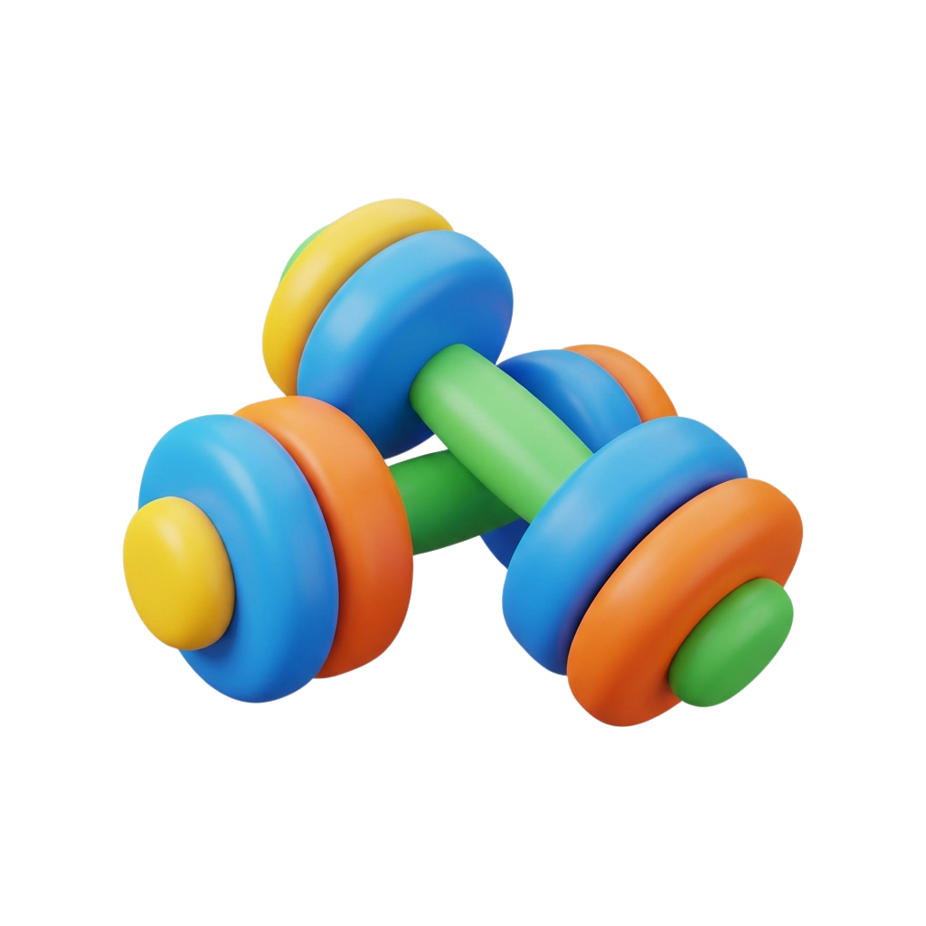 Three colorful dumbbells with blue, orange, green, and yellow weights arranged in a cluster