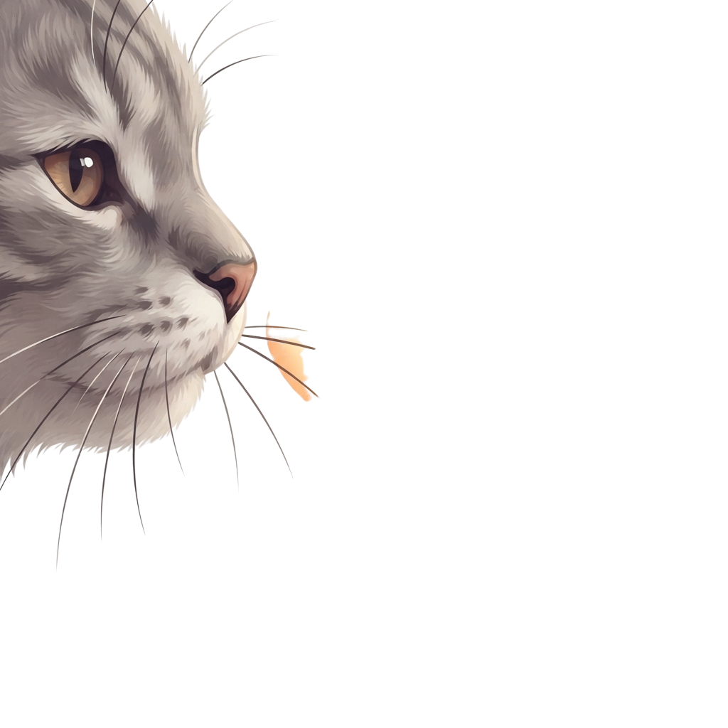 A cartoon cat with white fur and orange eyes catching a butterfly in its mouth against a black background