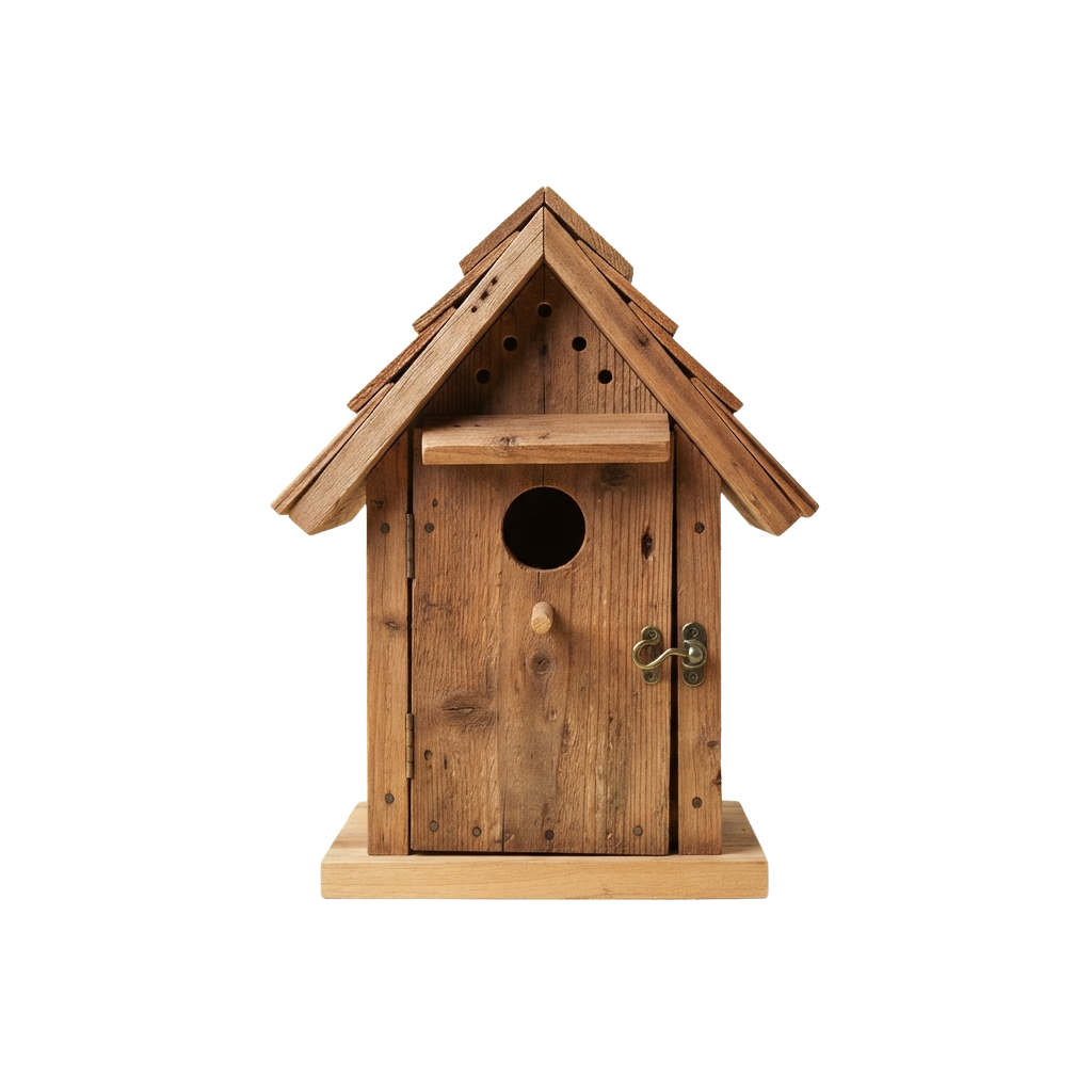 A wooden birdhouse with a sloped roof, small circular entrance hole, and a metal latch on the front door