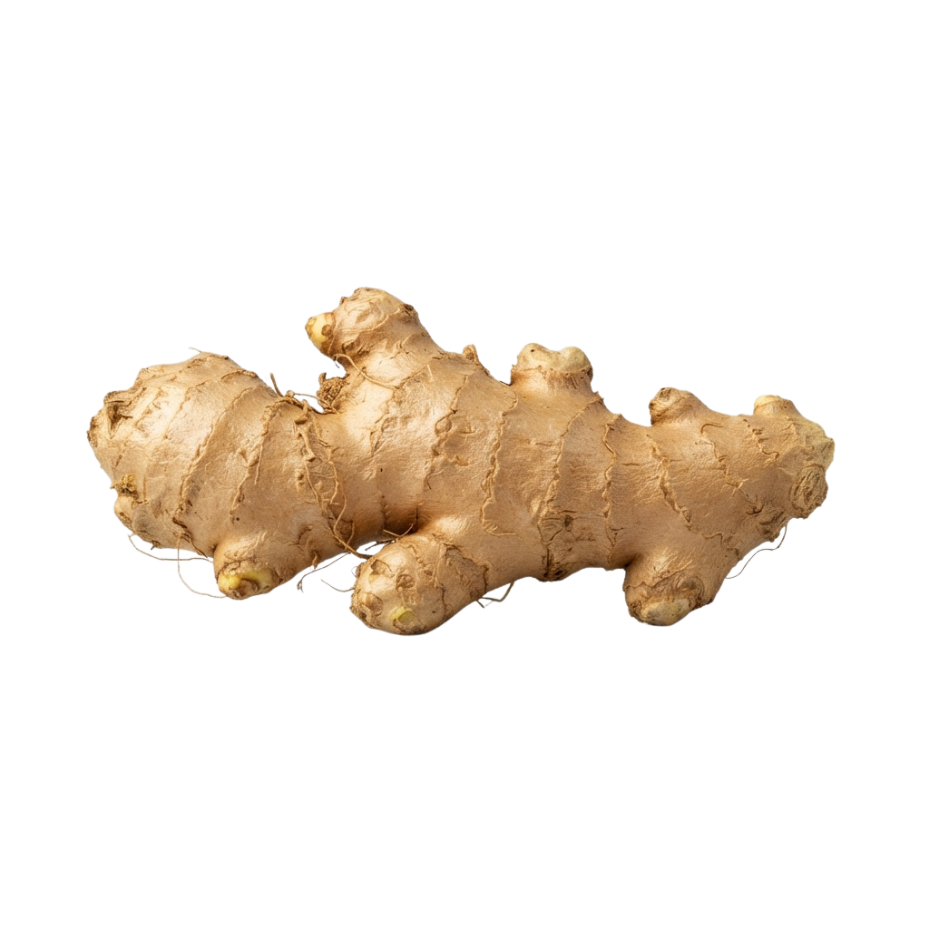 A close-up image of a fresh ginger root with a rough, knobby surface.