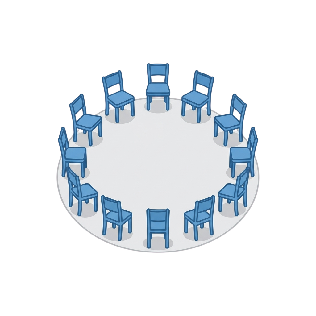 A round table surrounded by ten blue chairs evenly spaced for seating.
