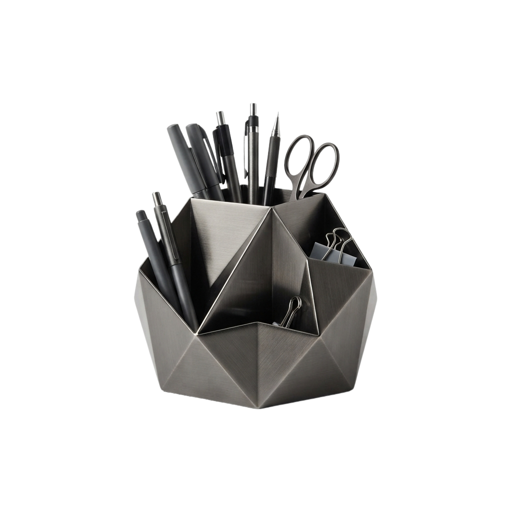 A sleek metal desk organizer holding pens, pencils, scissors, and paper clips