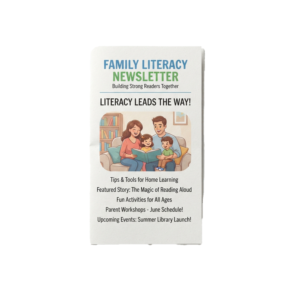 Family reading together with a literacy newsletter cover featuring tips and events