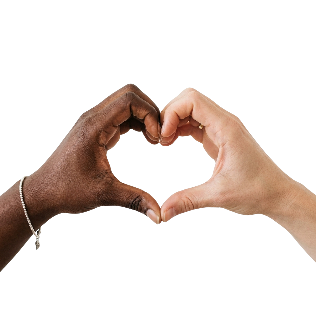 Two hands forming a heart shape with fingers against a black background