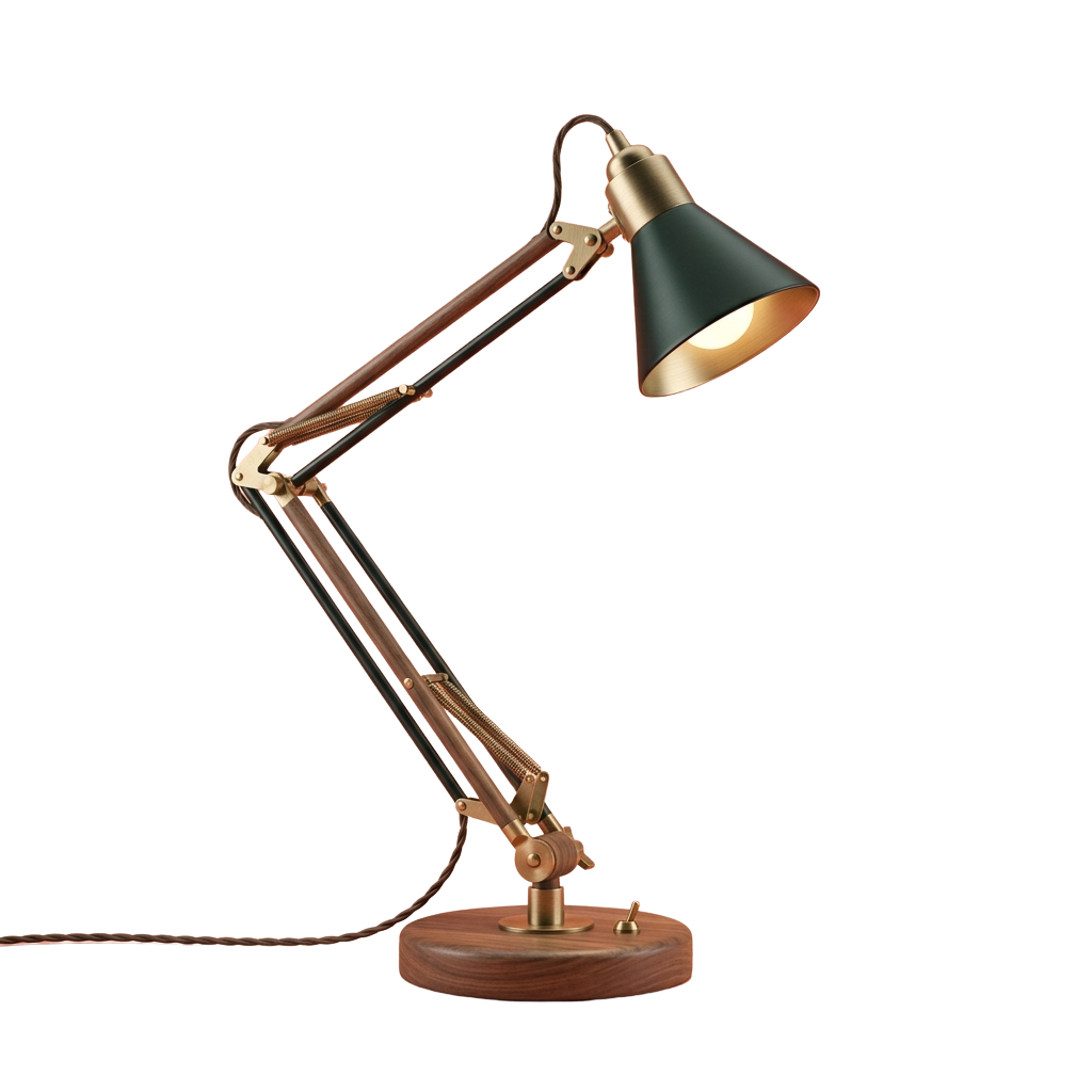 A copper-toned adjustable arm desk lamp with a wooden base and illuminated shade