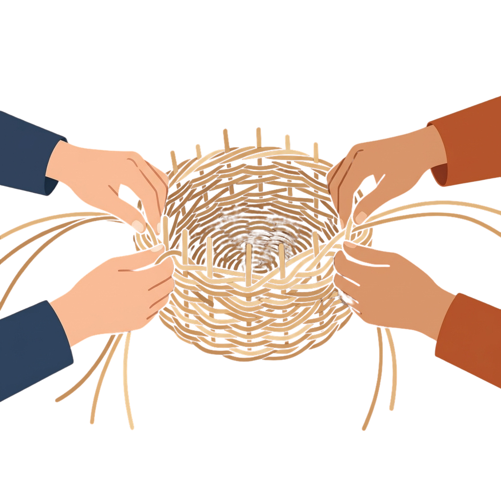 Four hands working together to weave a basket, symbolizing teamwork and collaboration.