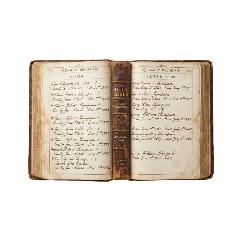 Open antique family bible showing marriage and birth records pages with handwritten entries