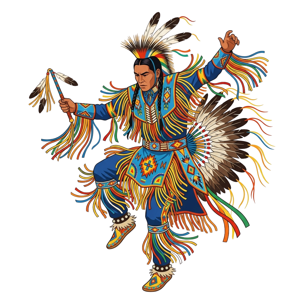 Person in vibrant traditional Native American dance regalia with colorful feathers and intricate beadwork.