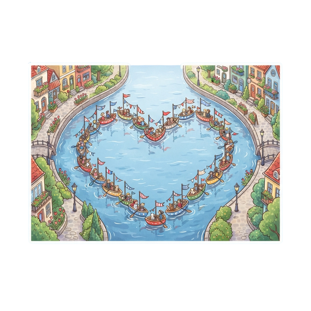 Illustration of a circular canal with small boats racing, surrounded by buildings and spectators.