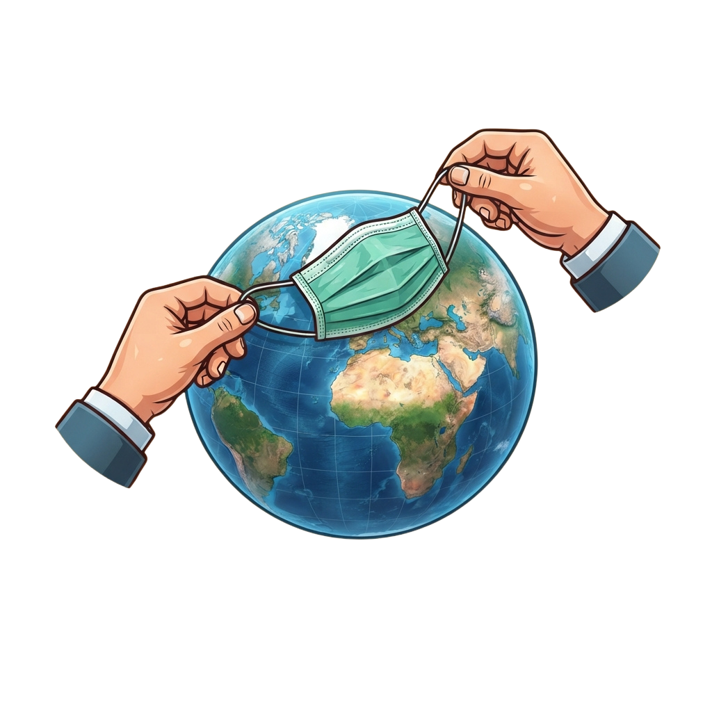 Illustration of two hands placing a face mask on a globe