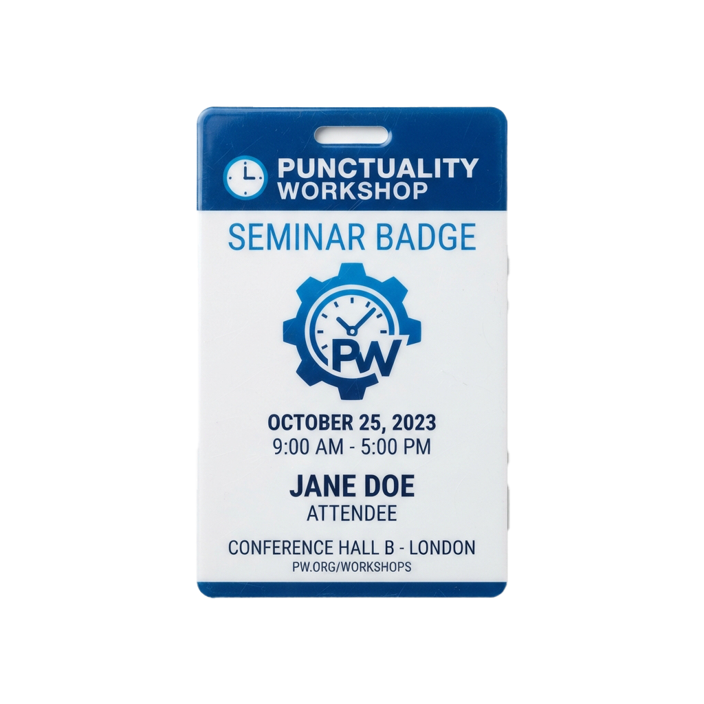 Seminar badge for a punctuality workshop event with date, time, and attendee name