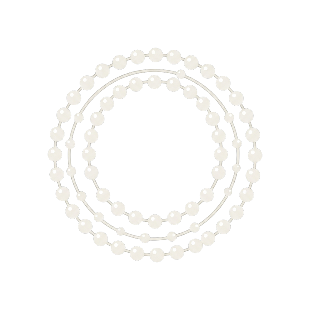 Circular arrangement of white beads forming a layered necklace design against a black background