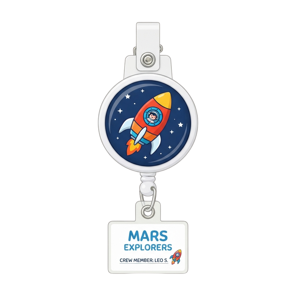 Lanyard badge featuring a rocket on a blue space background and text reading Mars Explorers Crew Member