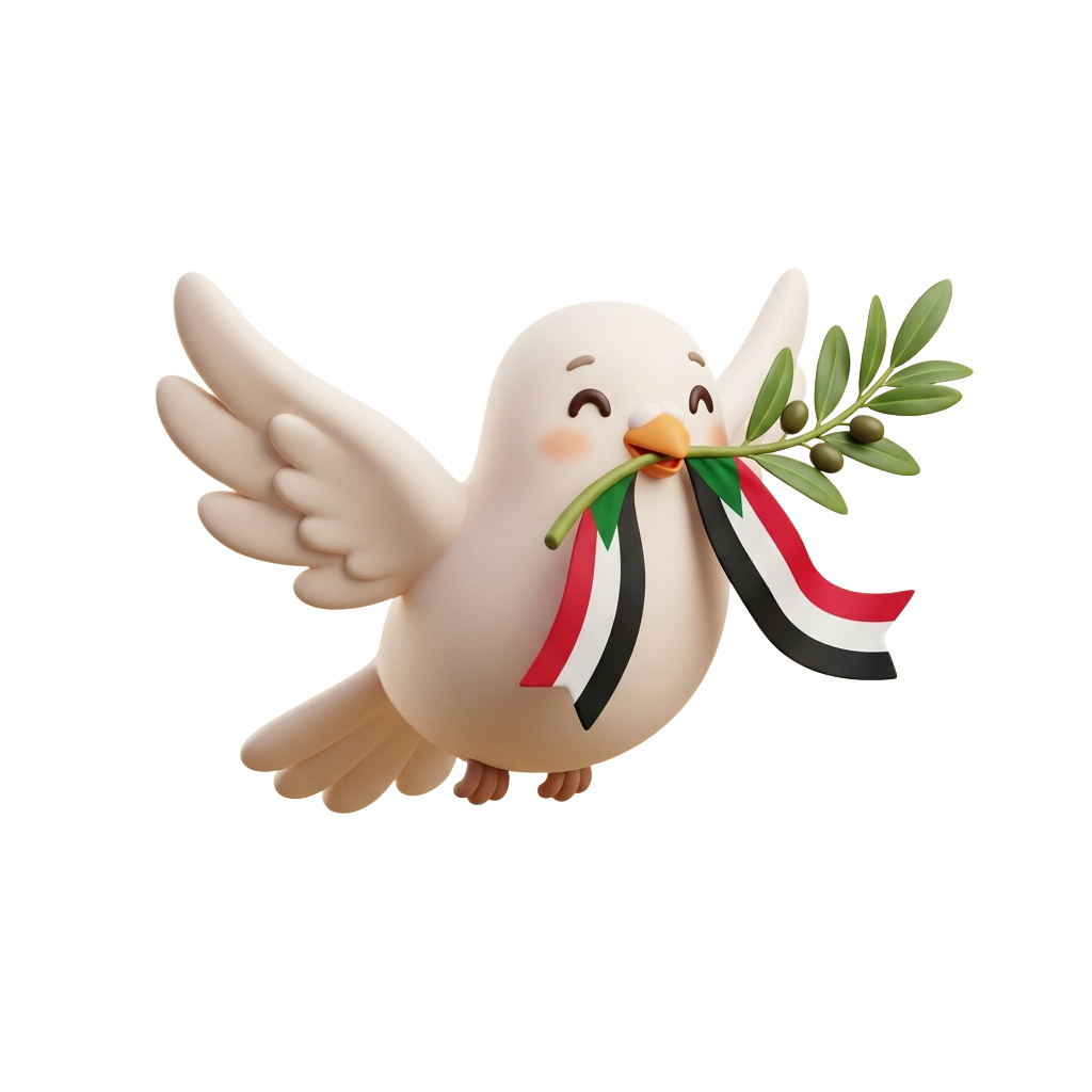 A white cartoon dove in flight holding an olive branch and a ribbon with black, white, and red stripes