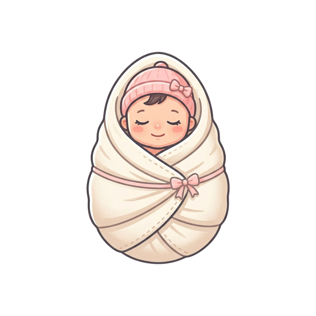 A smiling baby wrapped in a light-colored blanket with a pink bow and hat