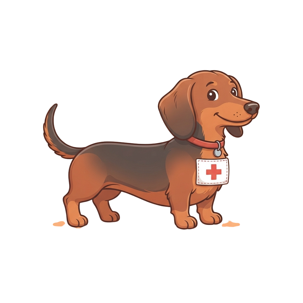 Illustration of a smiling brown dachshund wearing a red cross medical tag on a collar