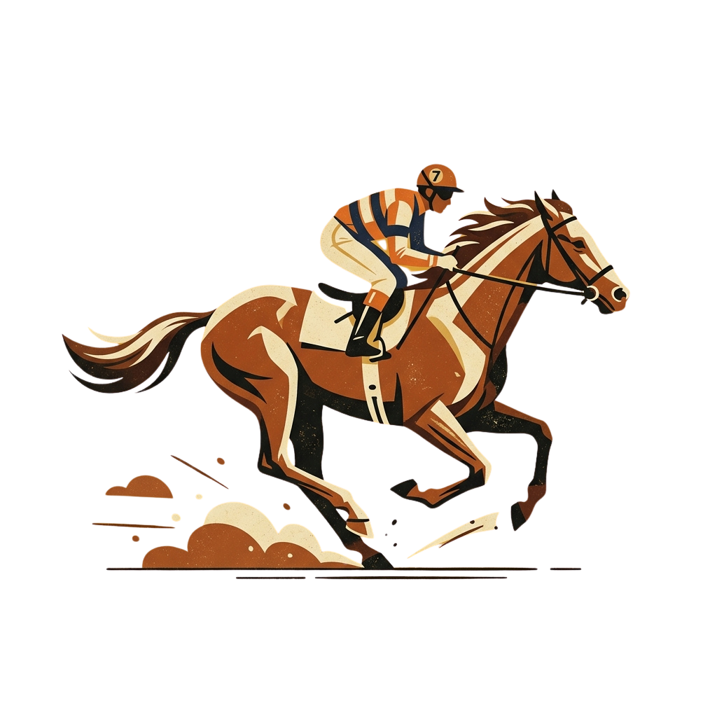 Illustration of a jockey riding a horse in mid-gallop on a racetrack