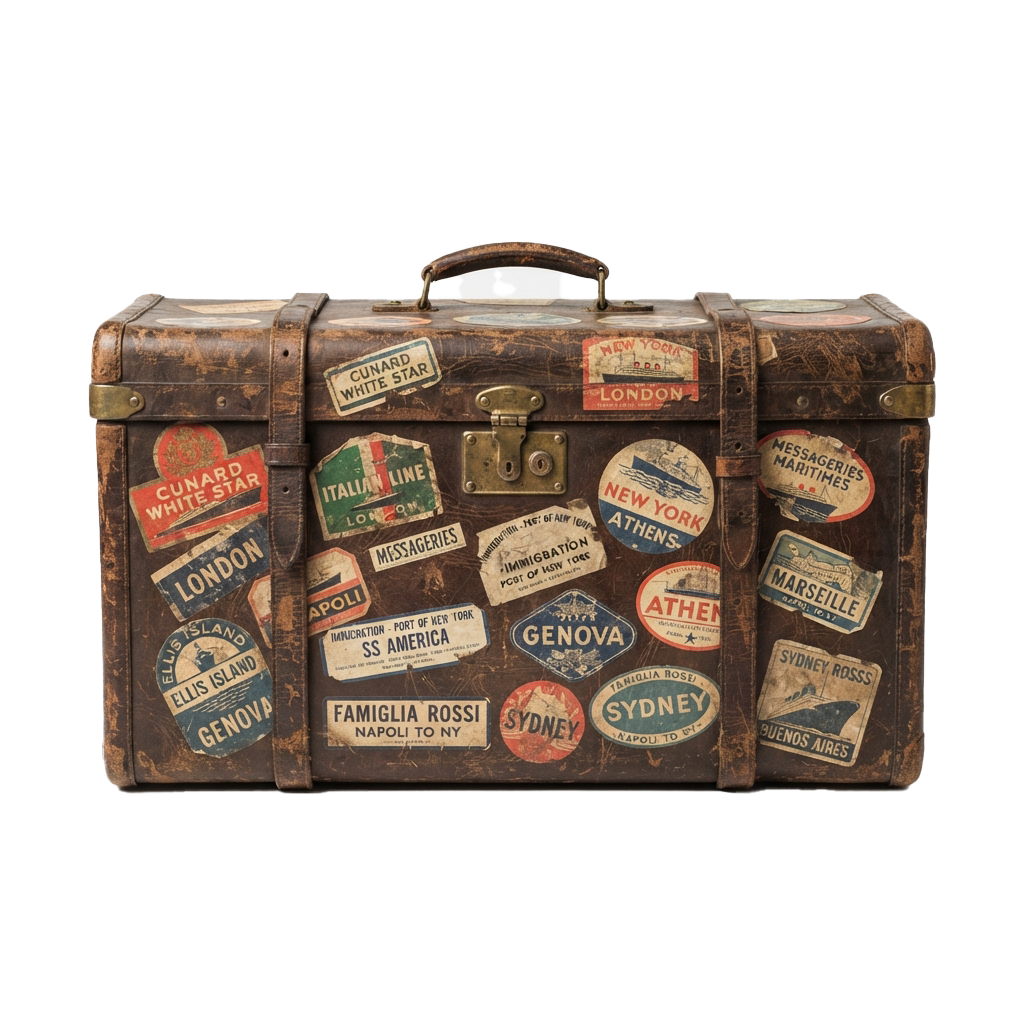 Old brown suitcase covered with various vintage travel stickers and labels from cities worldwide