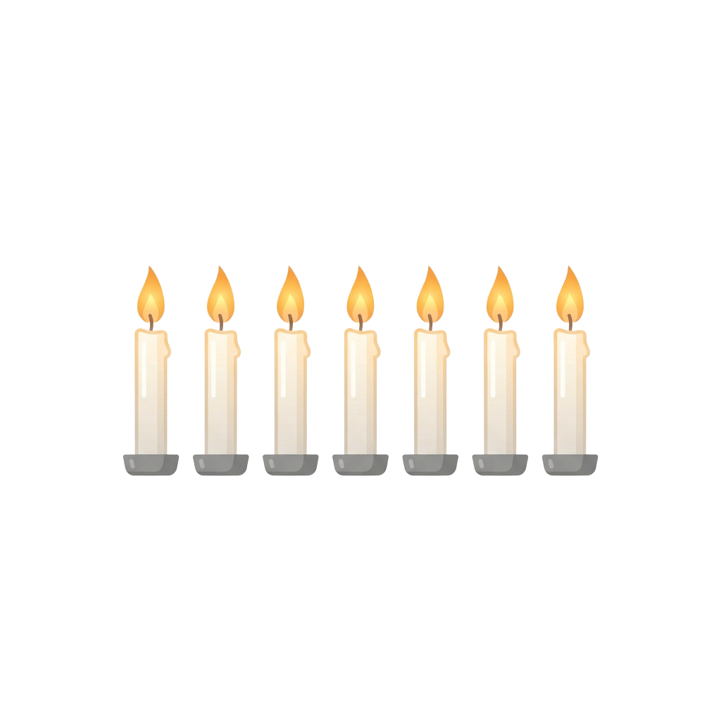 Seven white candles with lit yellow flames against a black background