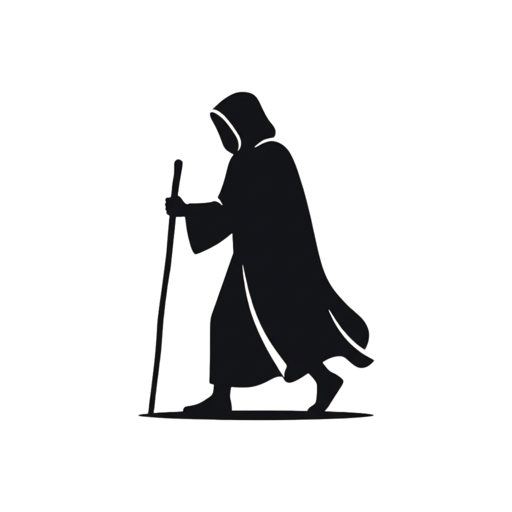An elderly person kneeling on one knee, holding a walking stick, in silhouette against a dark background.