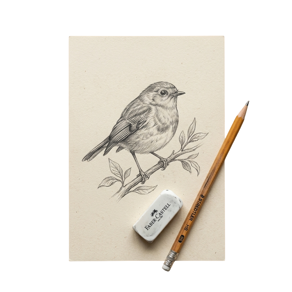 A detailed pencil sketch of a small bird perched on a branch next to a pencil and eraser