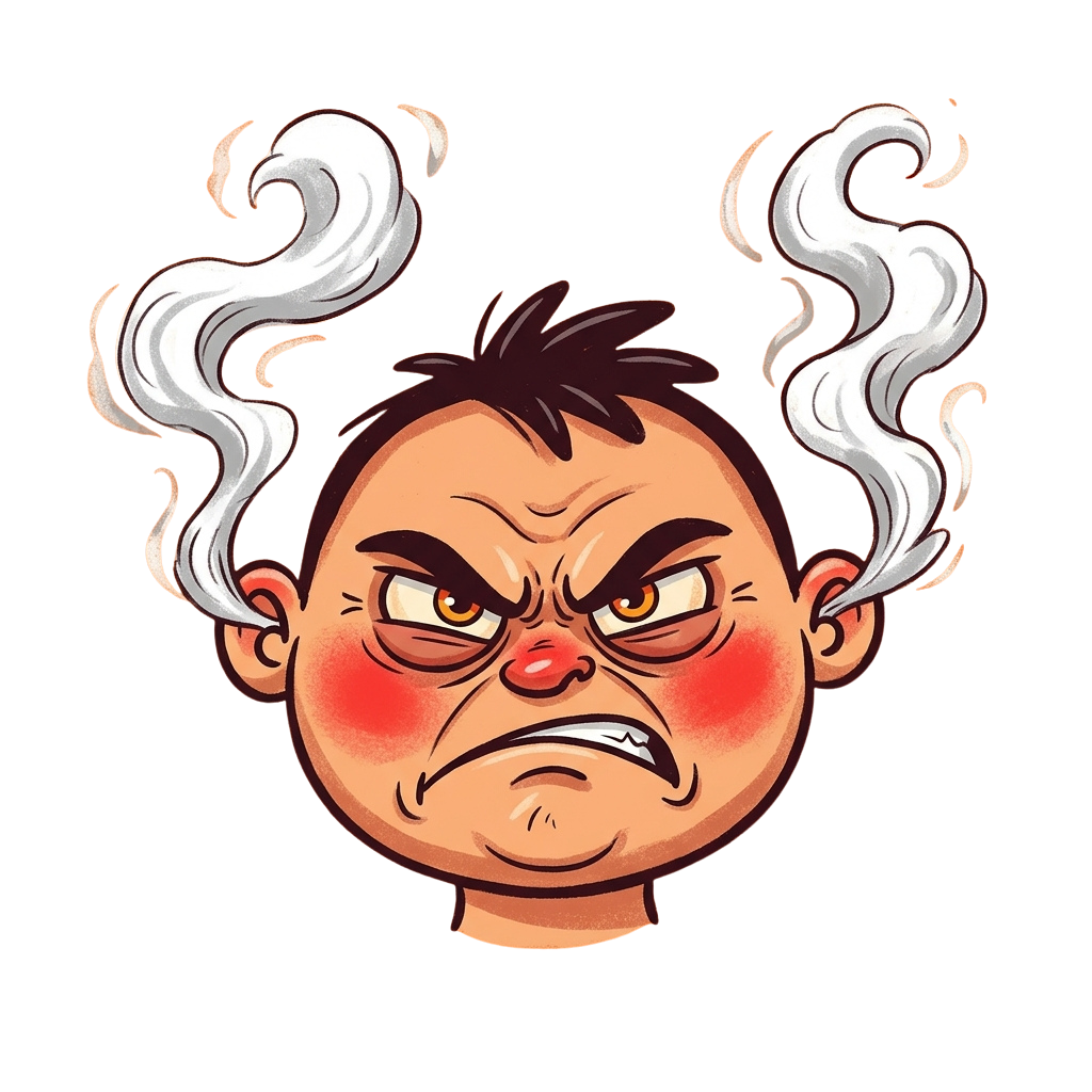 Angry cartoon face with smoke rising from ears, showing frustration and anger
