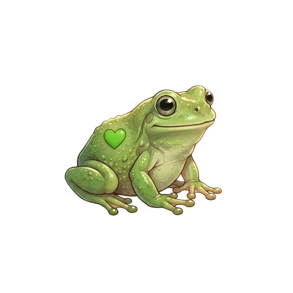 A green frog sitting on a black background with a small green heart symbol on its back