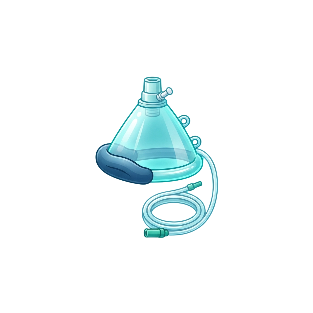 Illustration of a clear oxygen mask connected to a transparent tube for medical use