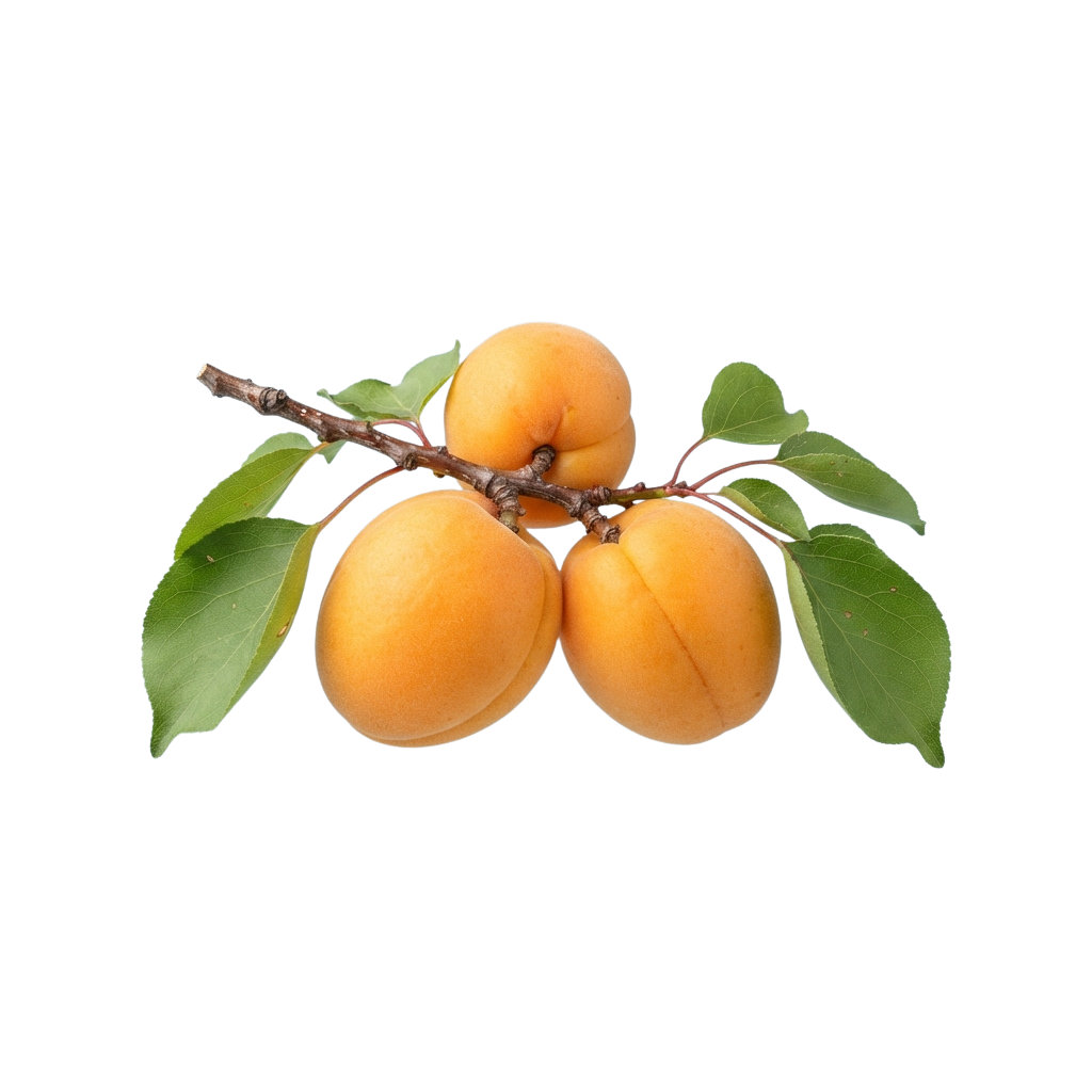 Three ripe apricots attached to a small branch with green leaves against a black background