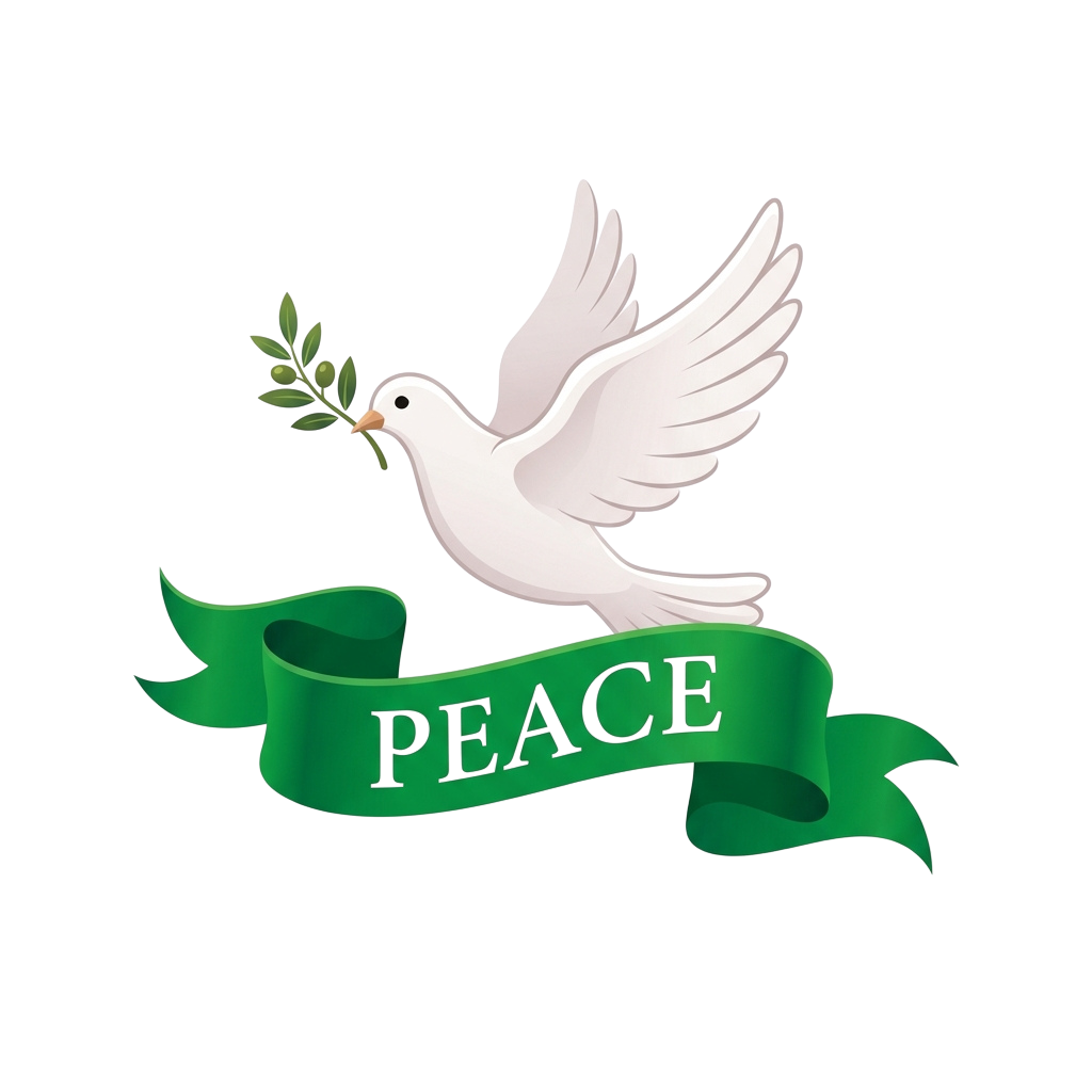 White dove with olive branch above green ribbon with word peace