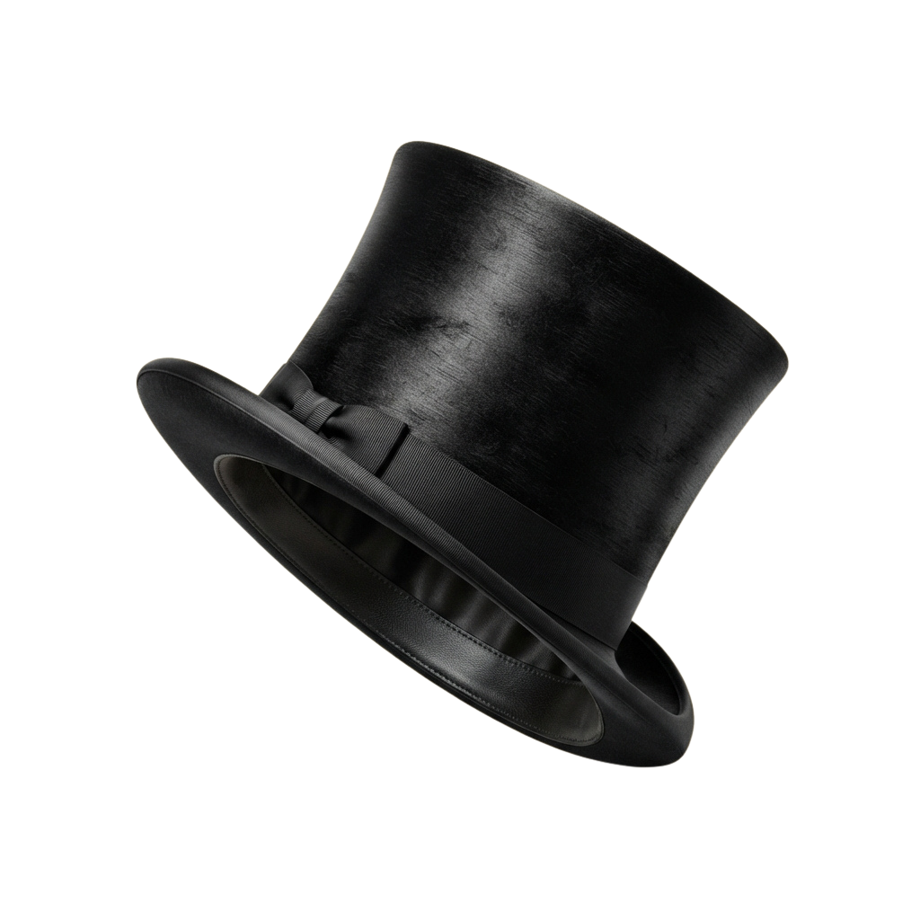 A sleek black top hat with a silk band and bow detail, viewed from a side angle.