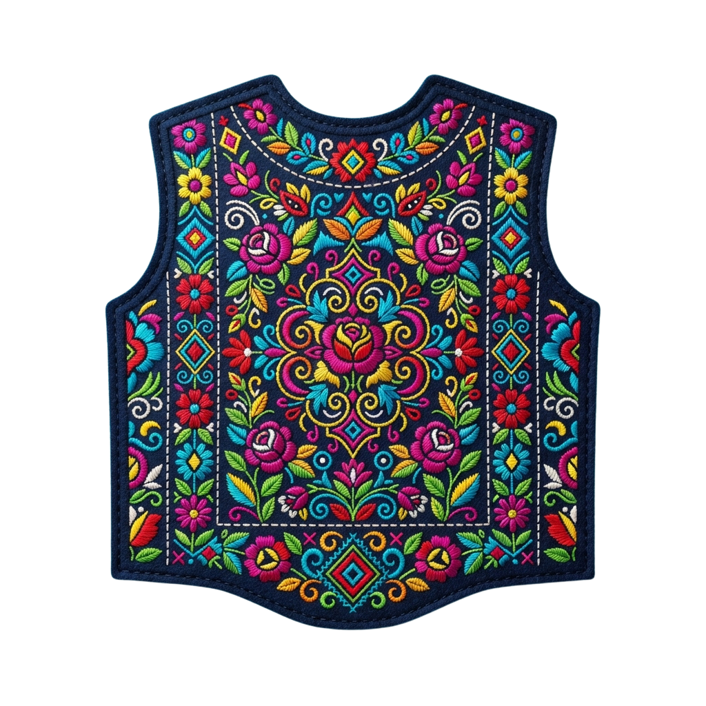 Vibrant embroidered vest featuring intricate floral and geometric designs in bright colors on a dark background