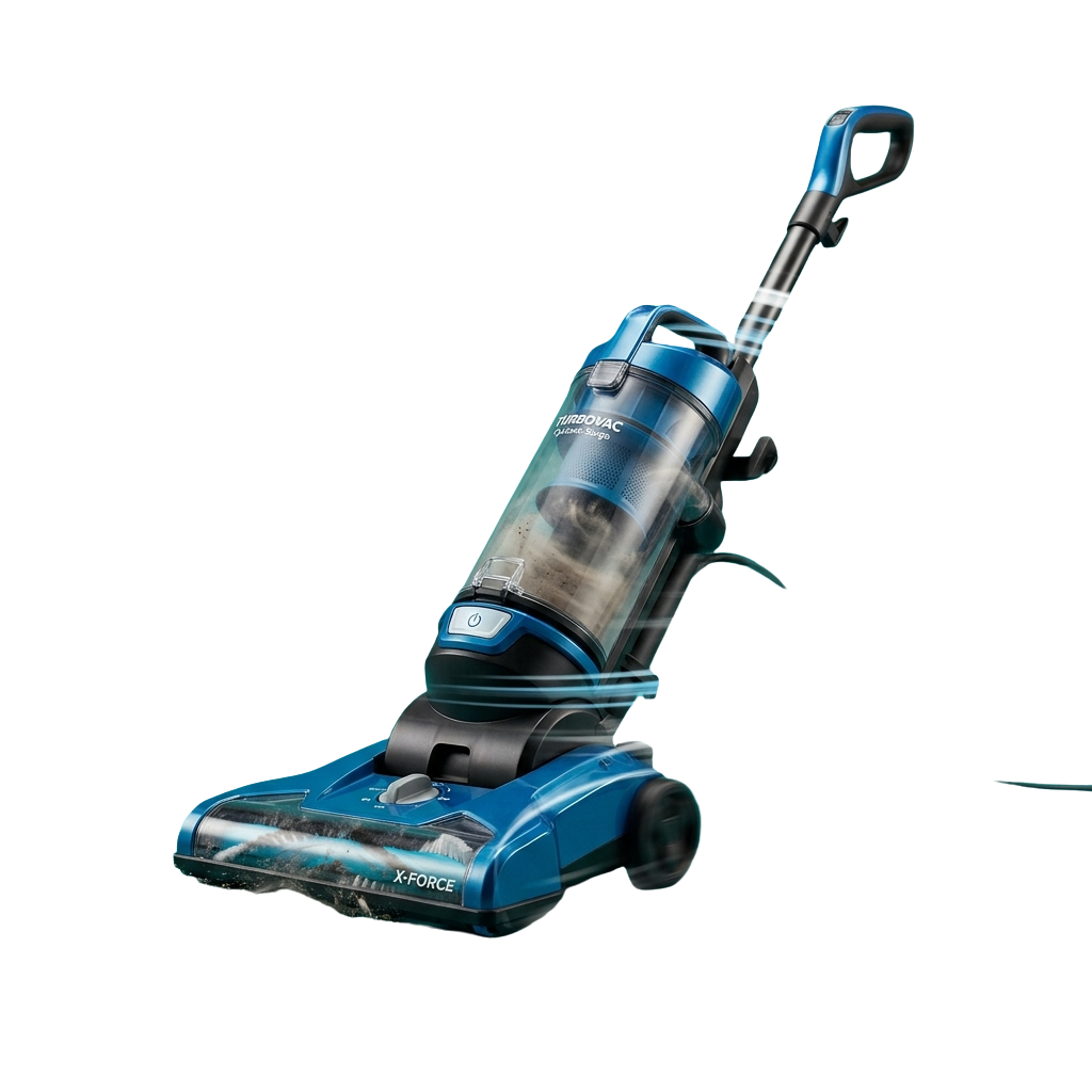 Blue upright vacuum cleaner with transparent dustbin and retractable handle
