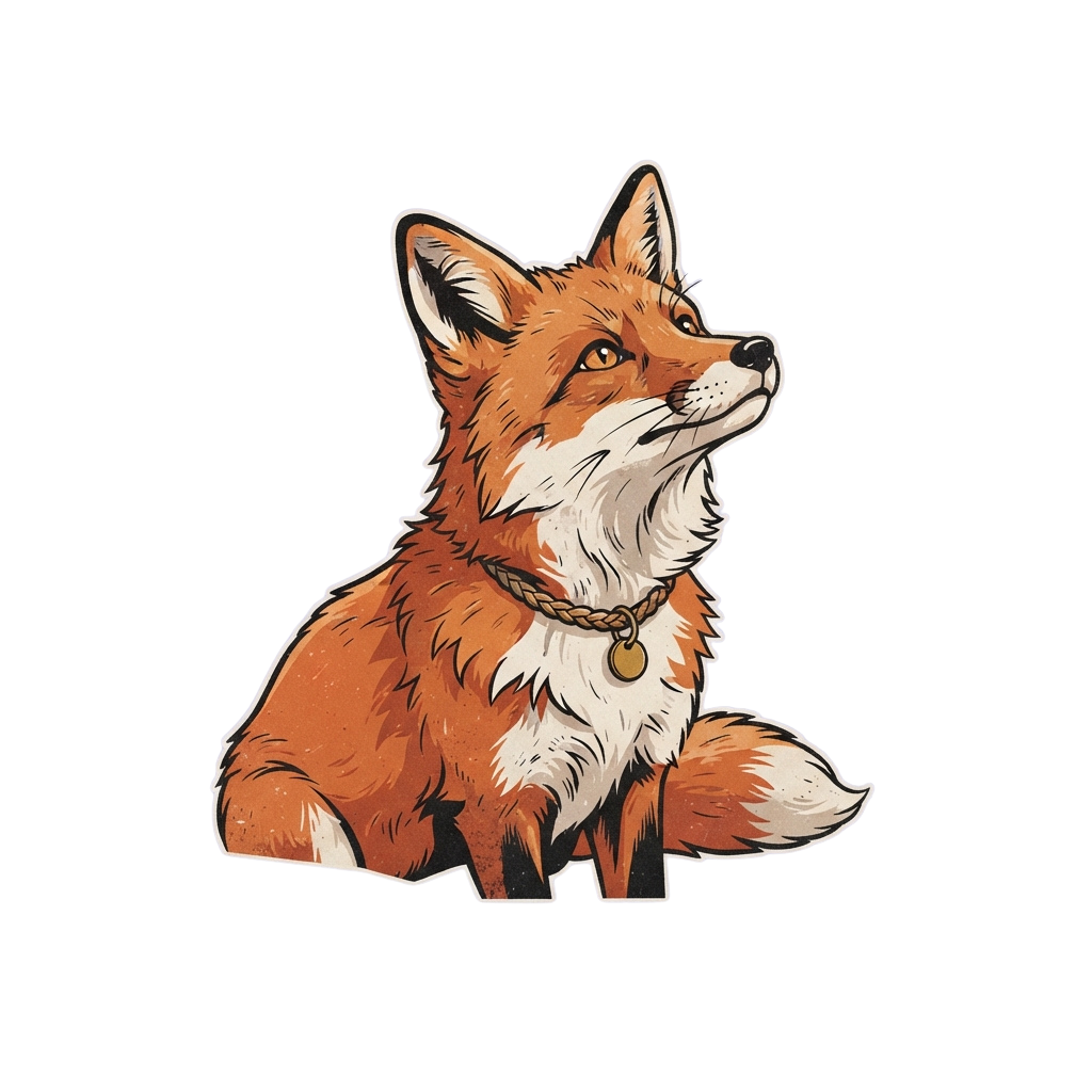 A stylized red fox with a collar sitting calmly against a black background