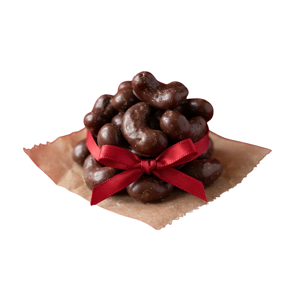 A pile of dark chocolate truffles tied with a red ribbon on brown paper.