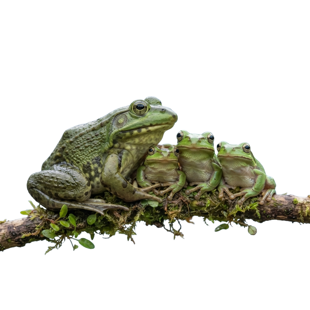 Four green frogs perched on a moss-covered branch against a dark background