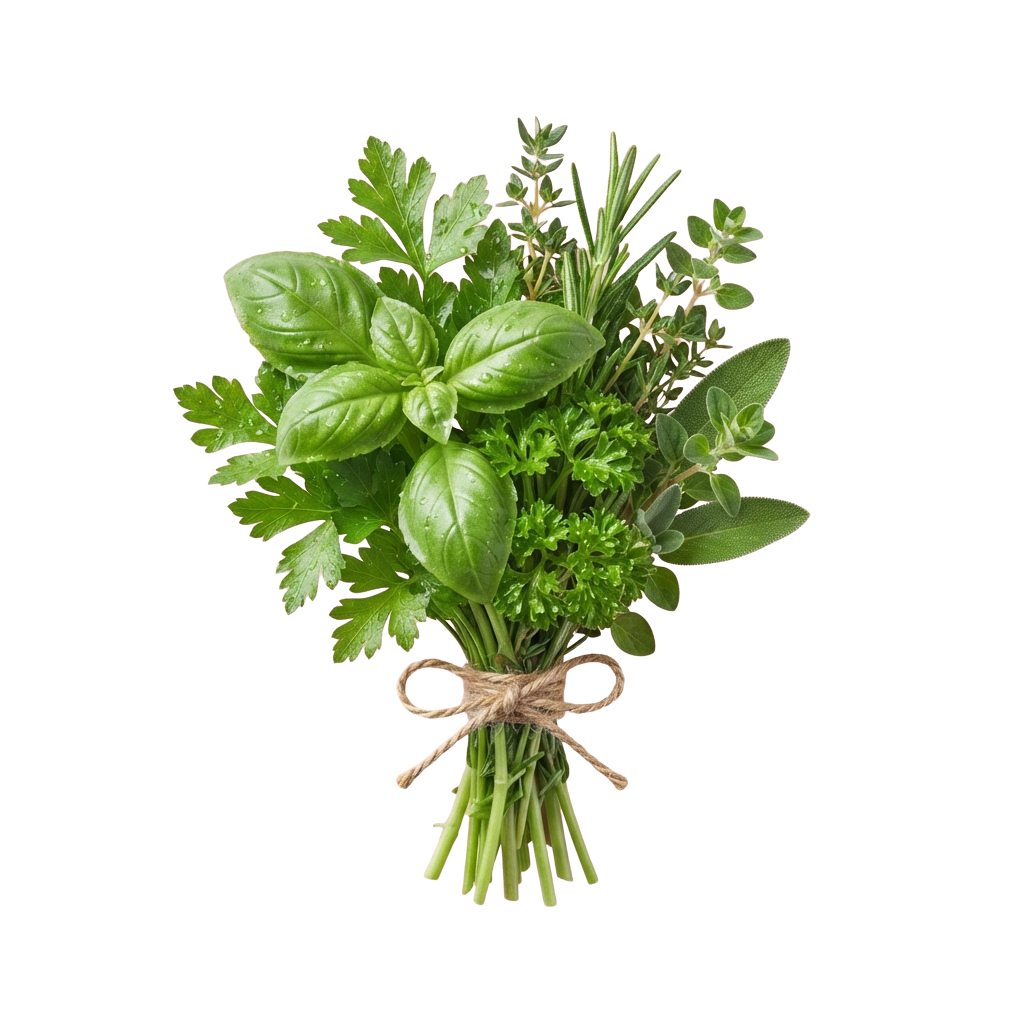 A bundle of fresh herbs including basil and thyme tied together with twine.