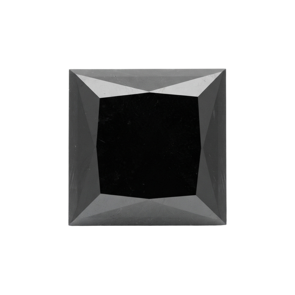 Close-up of a square-cut diamond with brilliant facets and reflective surfaces