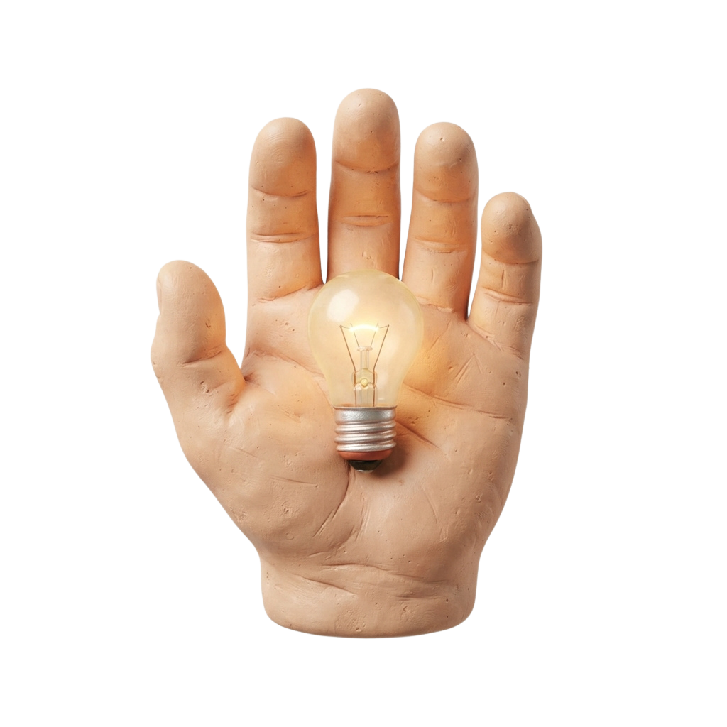 A hand with a glowing light bulb placed on the palm symbolizing an idea or inspiration