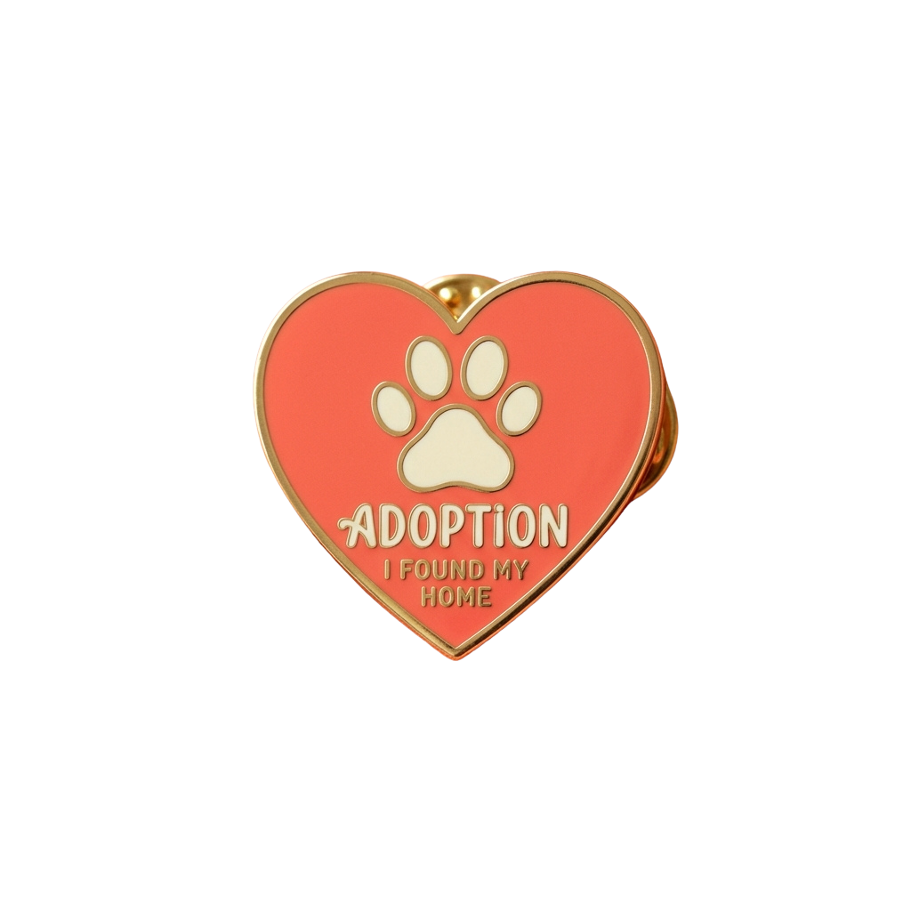 Heart-shaped enamel pin with paw print and adoption message I Found My Home