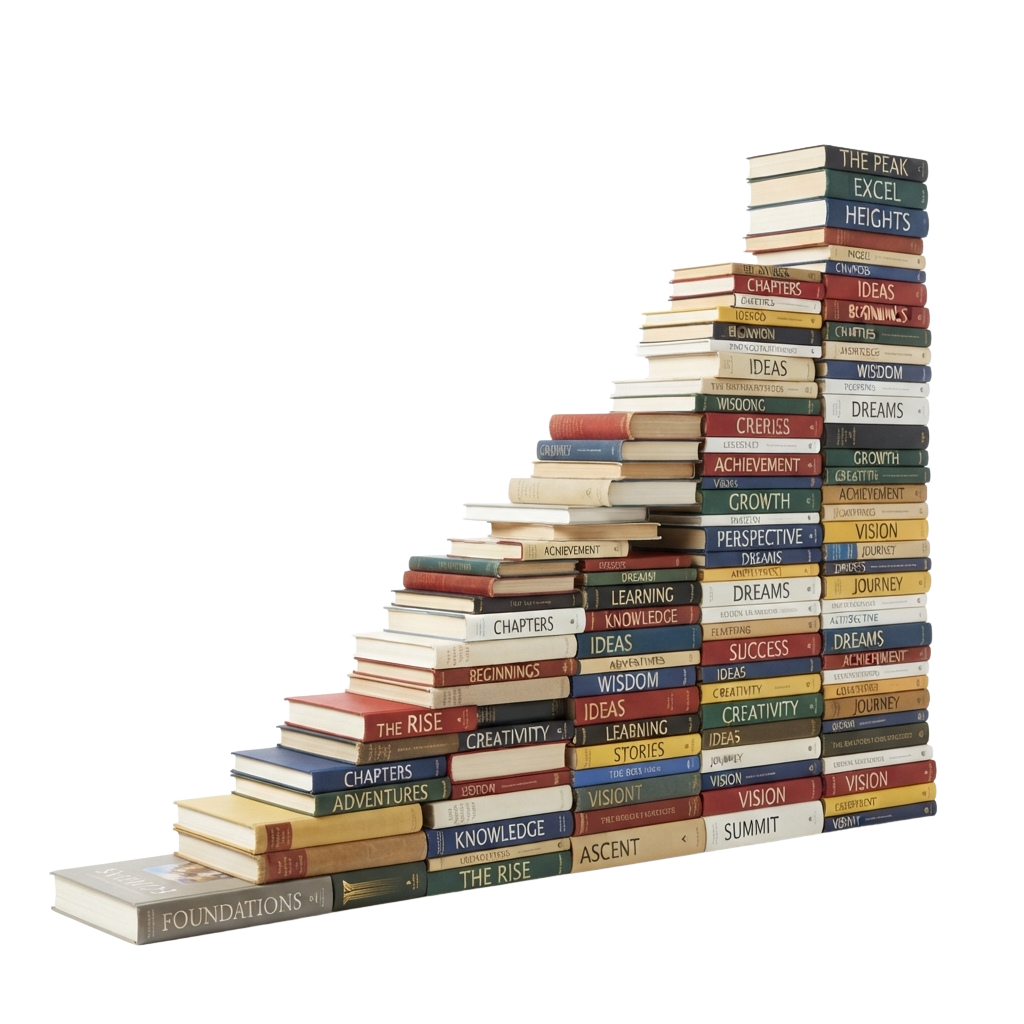 Stacked books forming a staircase with themes like foundations, rise, vision, and peak.