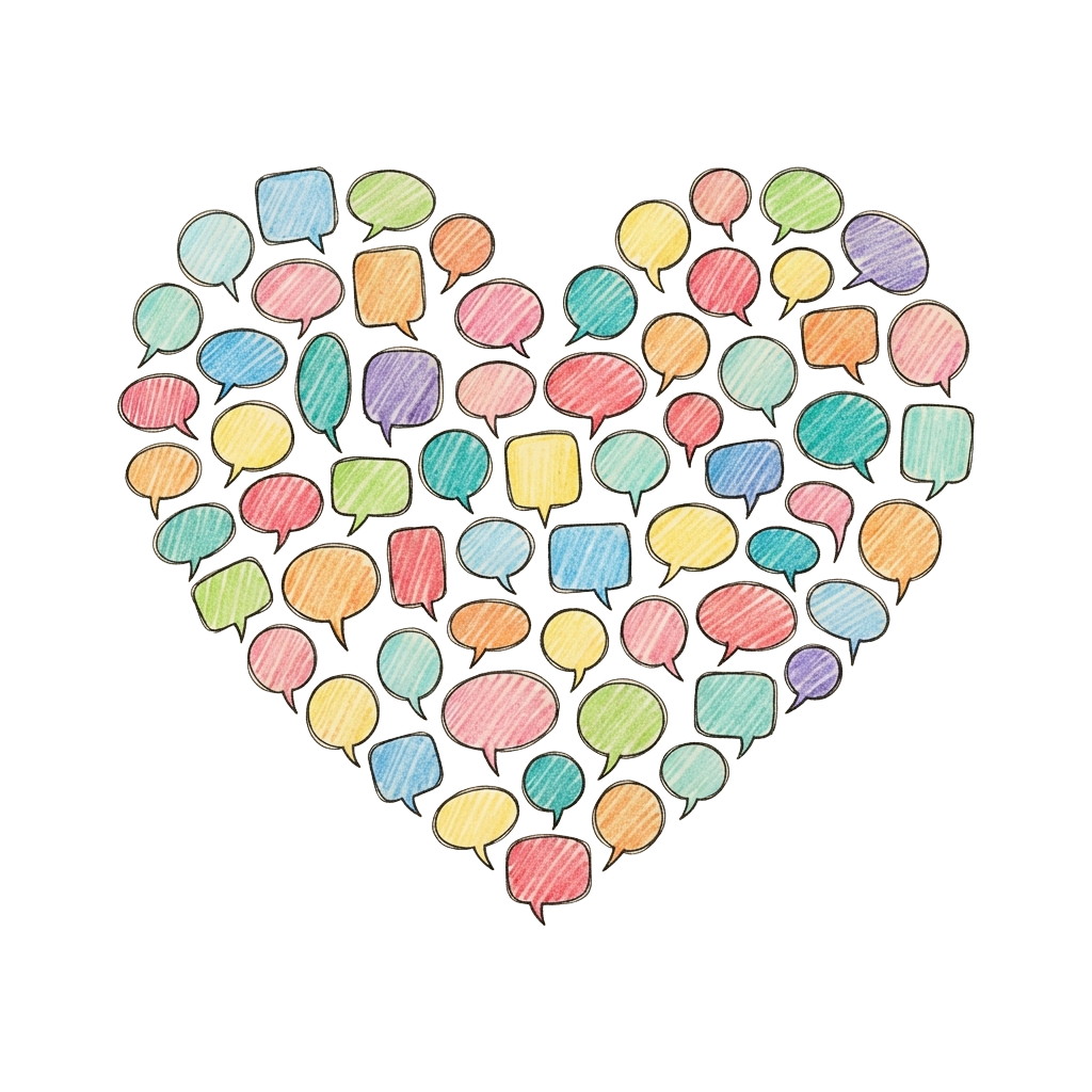 A heart shape made up of numerous colorful speech bubbles on a black background