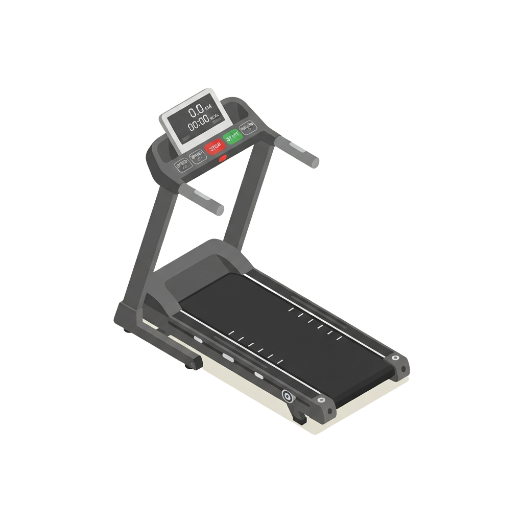 A sleek treadmill with a digital display showing zero speed, ready for use