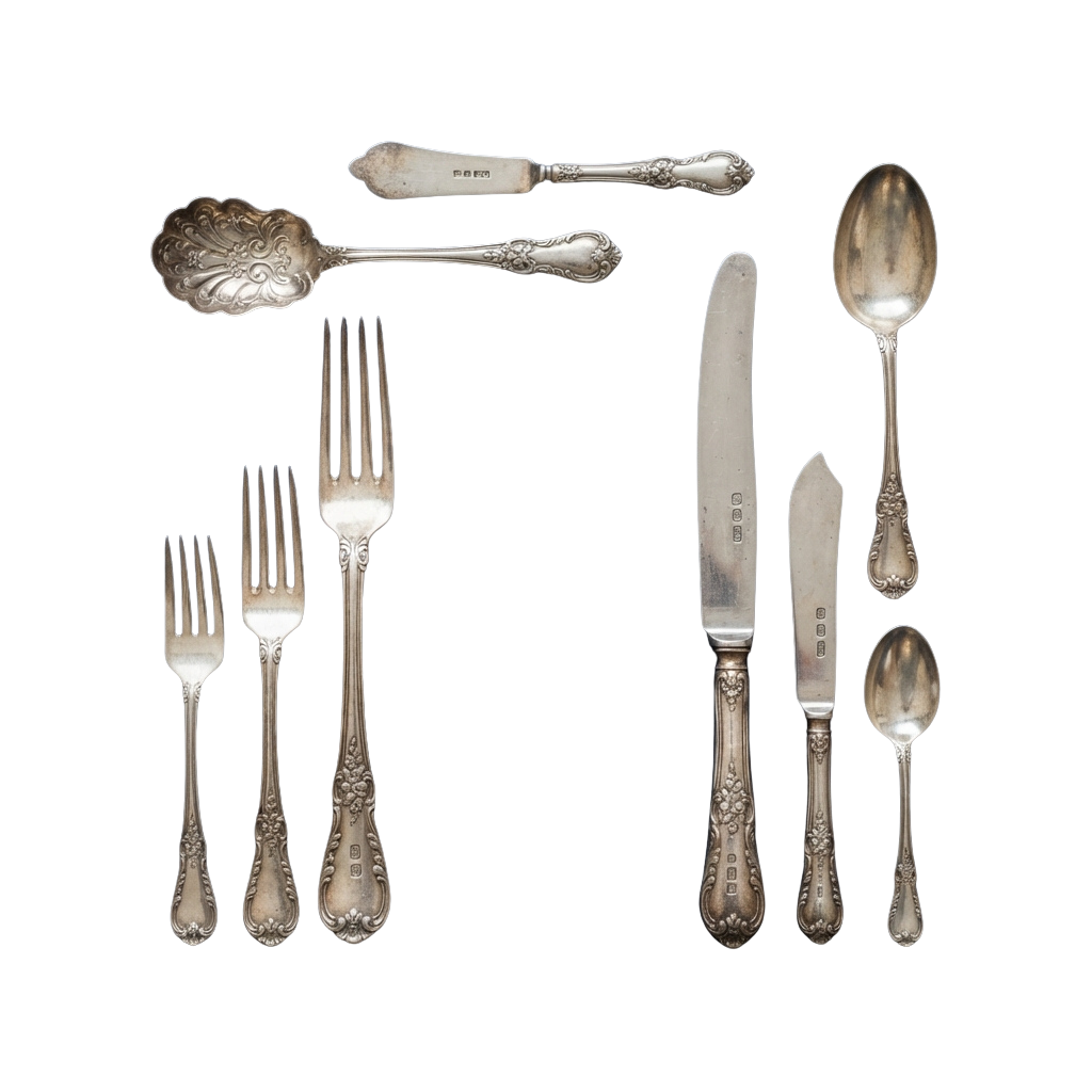 Collection of vintage silverware including forks, knives, spoons, and a sugar tong set against a black background