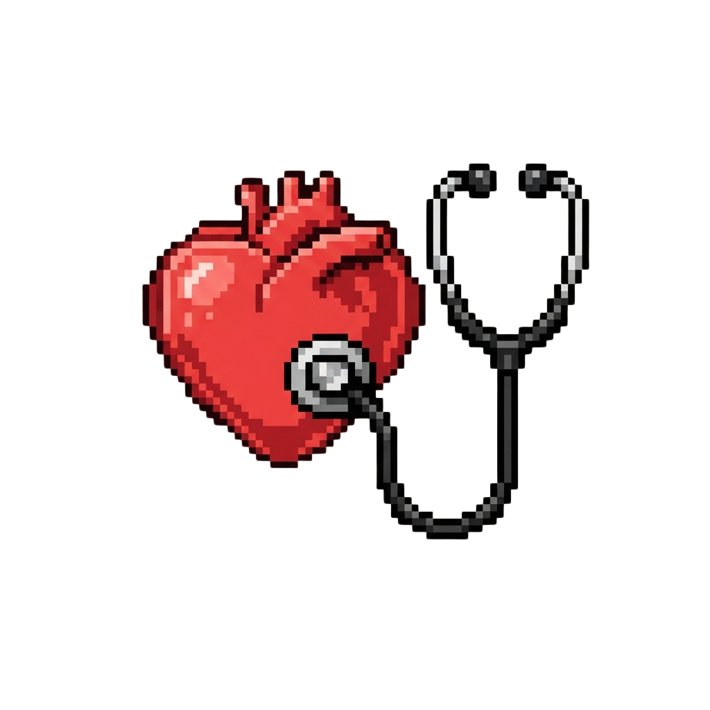 A pixel art heart with a stethoscope resting on it symbolizing health and medical care