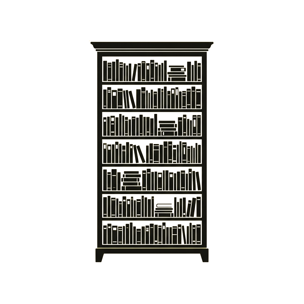 A tall wooden bookshelf filled with neatly arranged books on multiple shelves