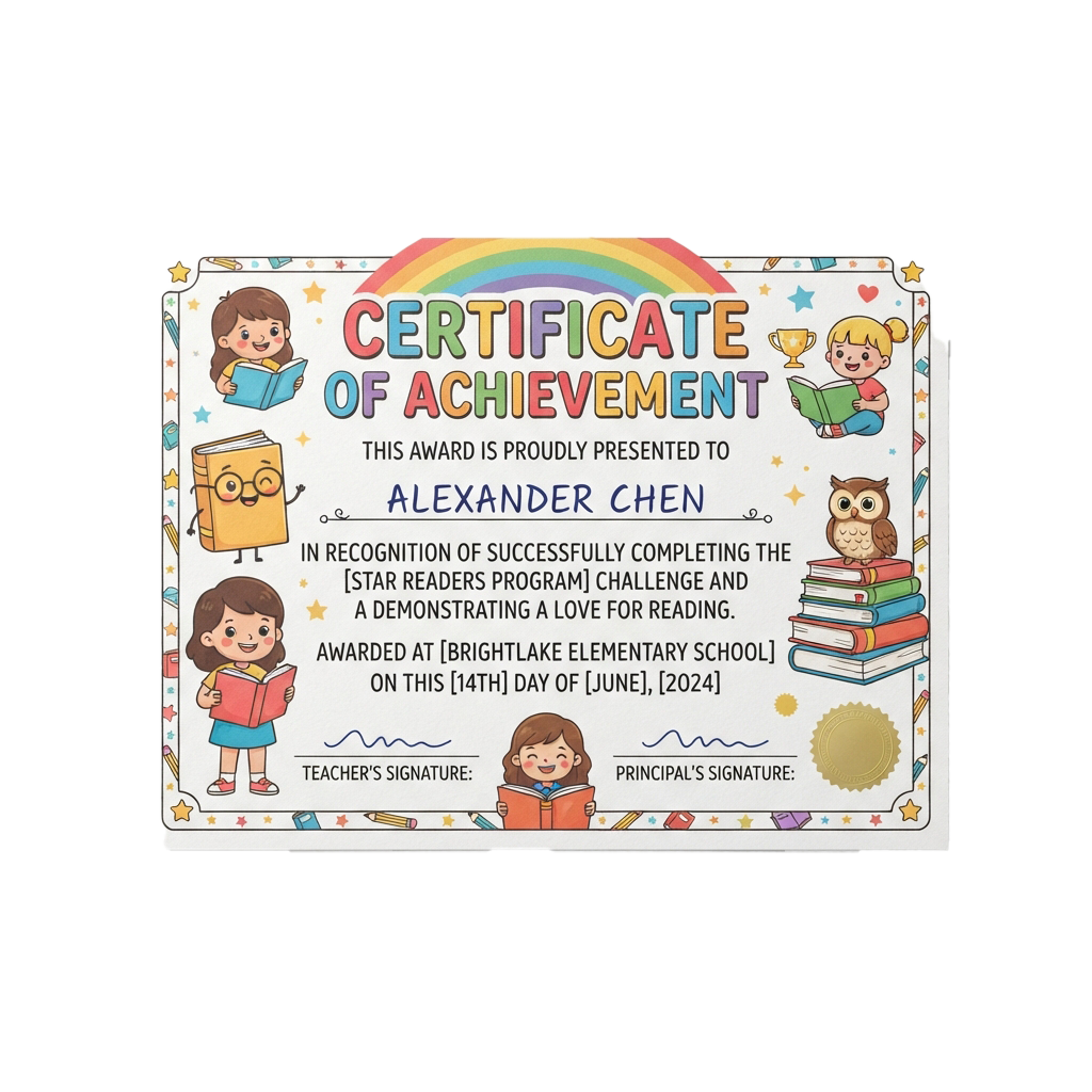 Colorful certificate for completing a reading challenge with illustrations of children reading and an owl with books