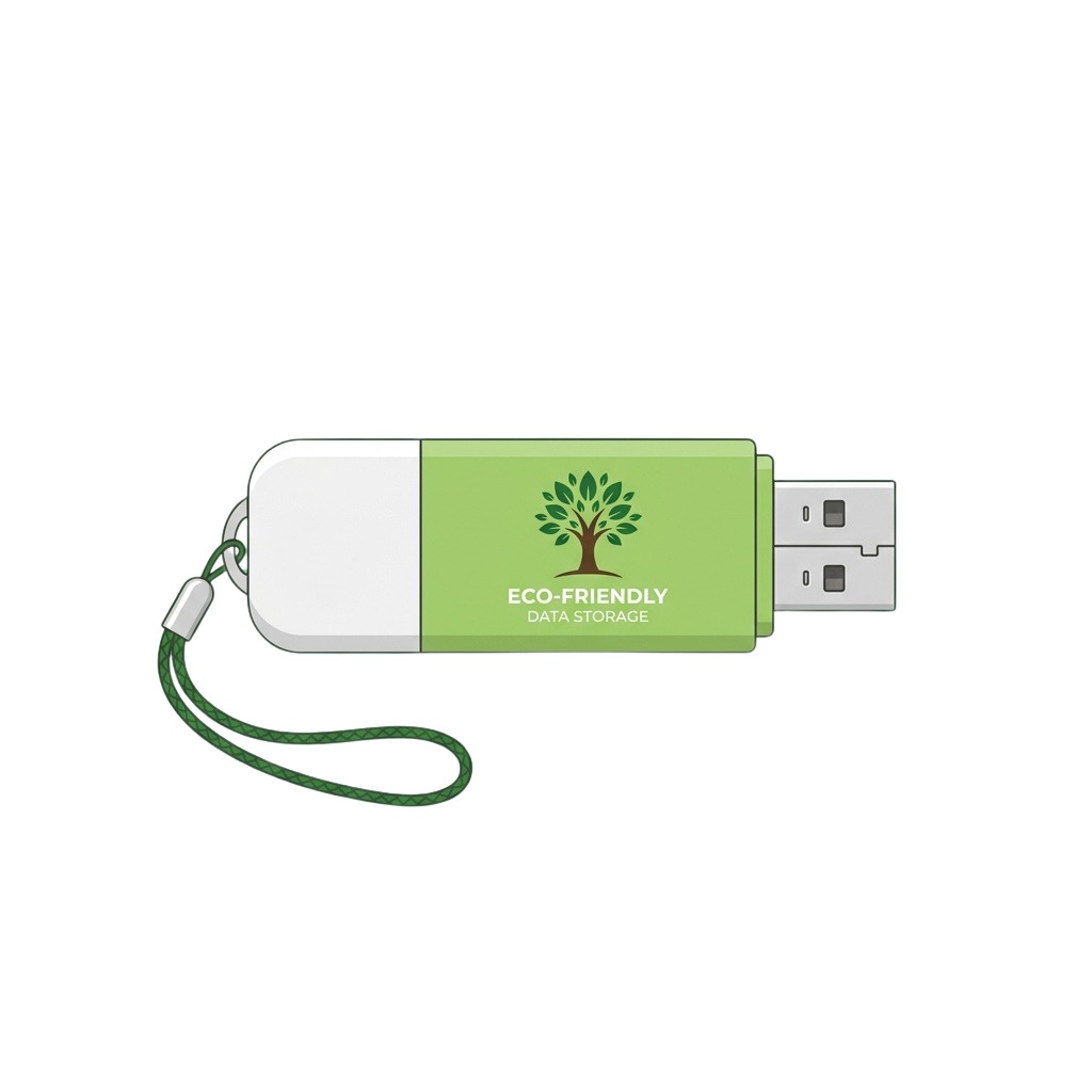 Green and white USB flash drive labeled Eco-Friendly Data Storage with a tree logo and a green lanyard.