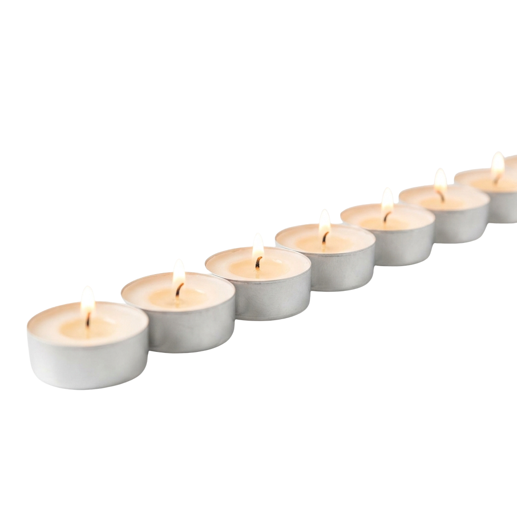 Six small white tea lights lined up in a row with lit wicks against a black background
