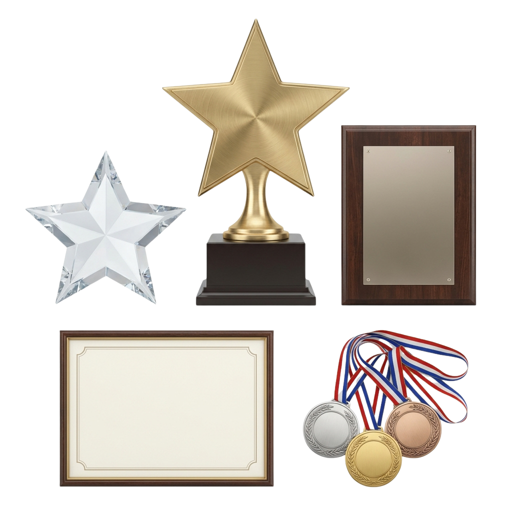 Award items including a gold star trophy, clear star shape, framed plaques, and three medals with ribbons.